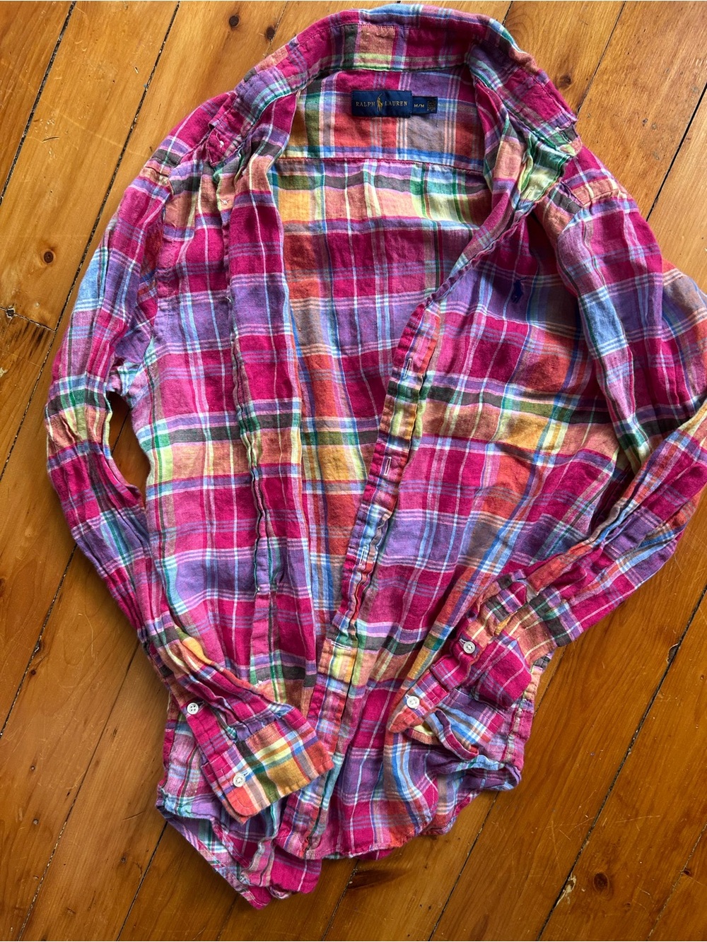 Ralph Lauren linen Medium Madras Plaid Button Down Shirt Pink blue